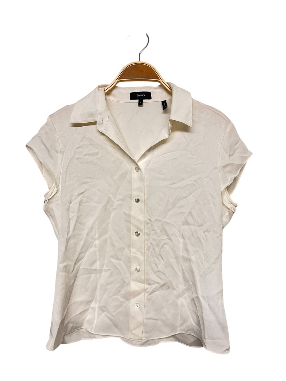 Theory 100% Silk Ivory Button-Front Cap Sleeve Shirt